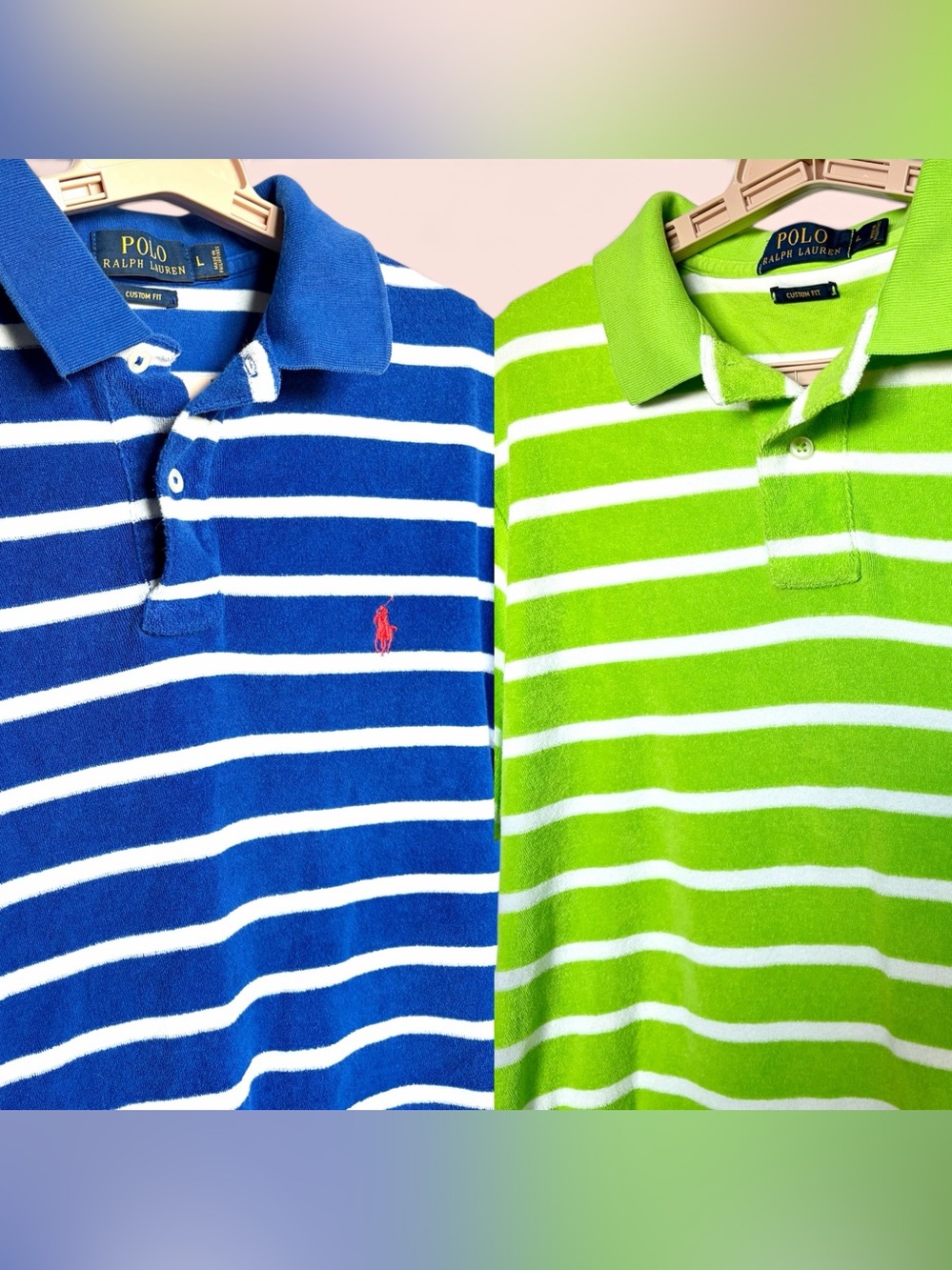 Lot of 2 Polo Ralph Lauren Men Terry Cloth Polo Shirts Striped Sz L Towel Beach